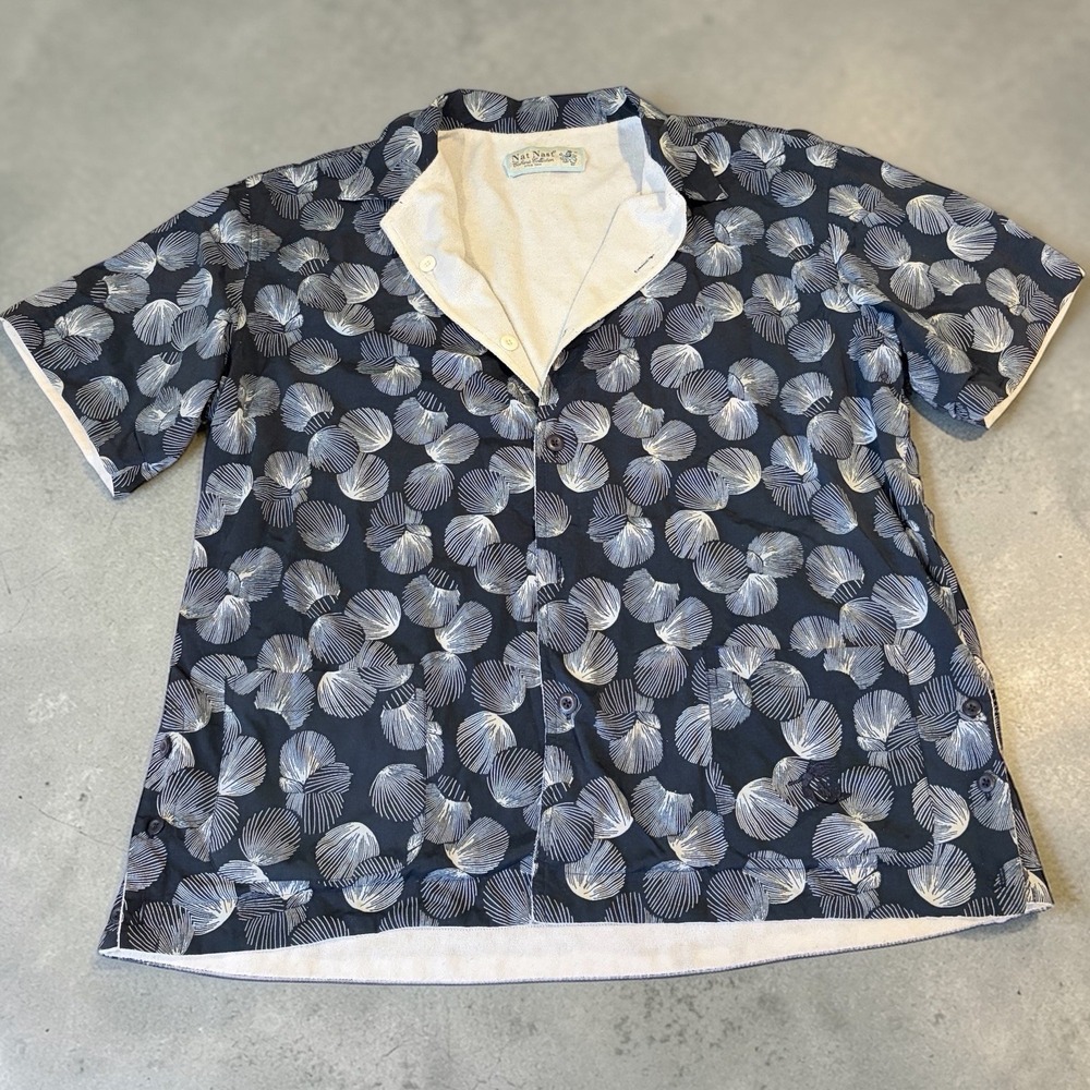 Y2K Nat Nast Reversible Terry Cabana Shirt L Blue White Shell Print Coastal